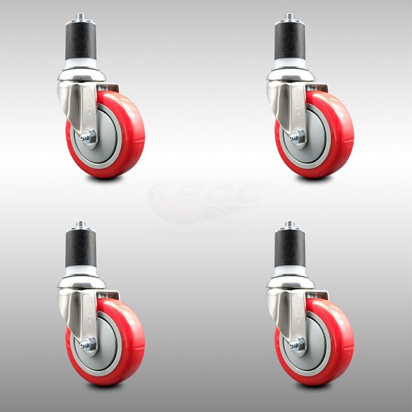 Service Caster 4 Inch 316SS Red Polyurethane Swivel 1-3/4 Inch Expanding Stem Caster Set SCC SCC-SS316EX20S414-PPUB-RED-134-4 - main